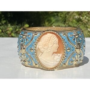 Amedeo NYC HSN 14K Gold Plated Shell Cameo Blue Enamel Bangle Bracelet~ Good Con